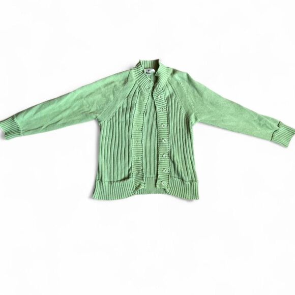 Women's Light Pistachio Green Ribbed -Knit Cotton Cardigan W/Buttons.M. - Picture 3 of 6
